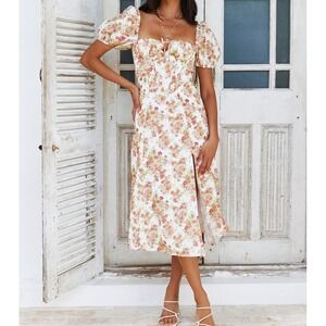 Hello Molly White Floral Midi Dress with Pink & Green Accents
